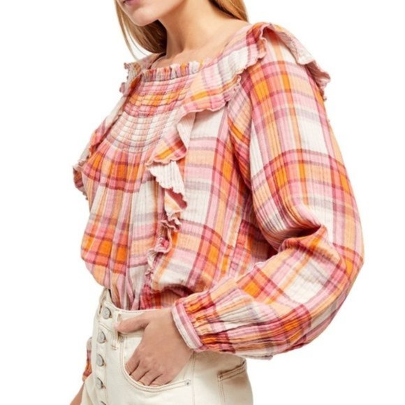 Free People Siena Plaid Boho Top Small NWT - Picture 3 of 7